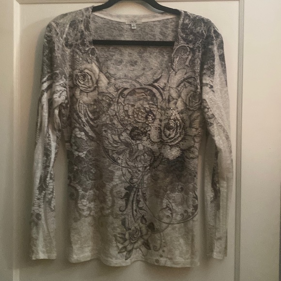 Cache rhinestone, embellished, rose pattern, flower, blouse, shirt, size large - Picture 1 of 5